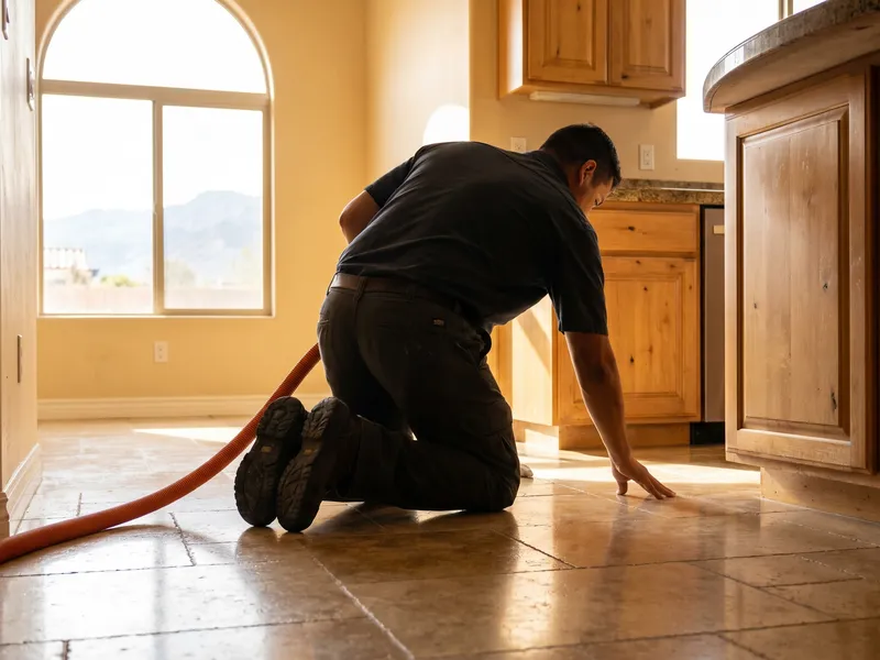 Royal Surface Restore technician inspecting grout lines on a travertine floor in a Las Vegas home
