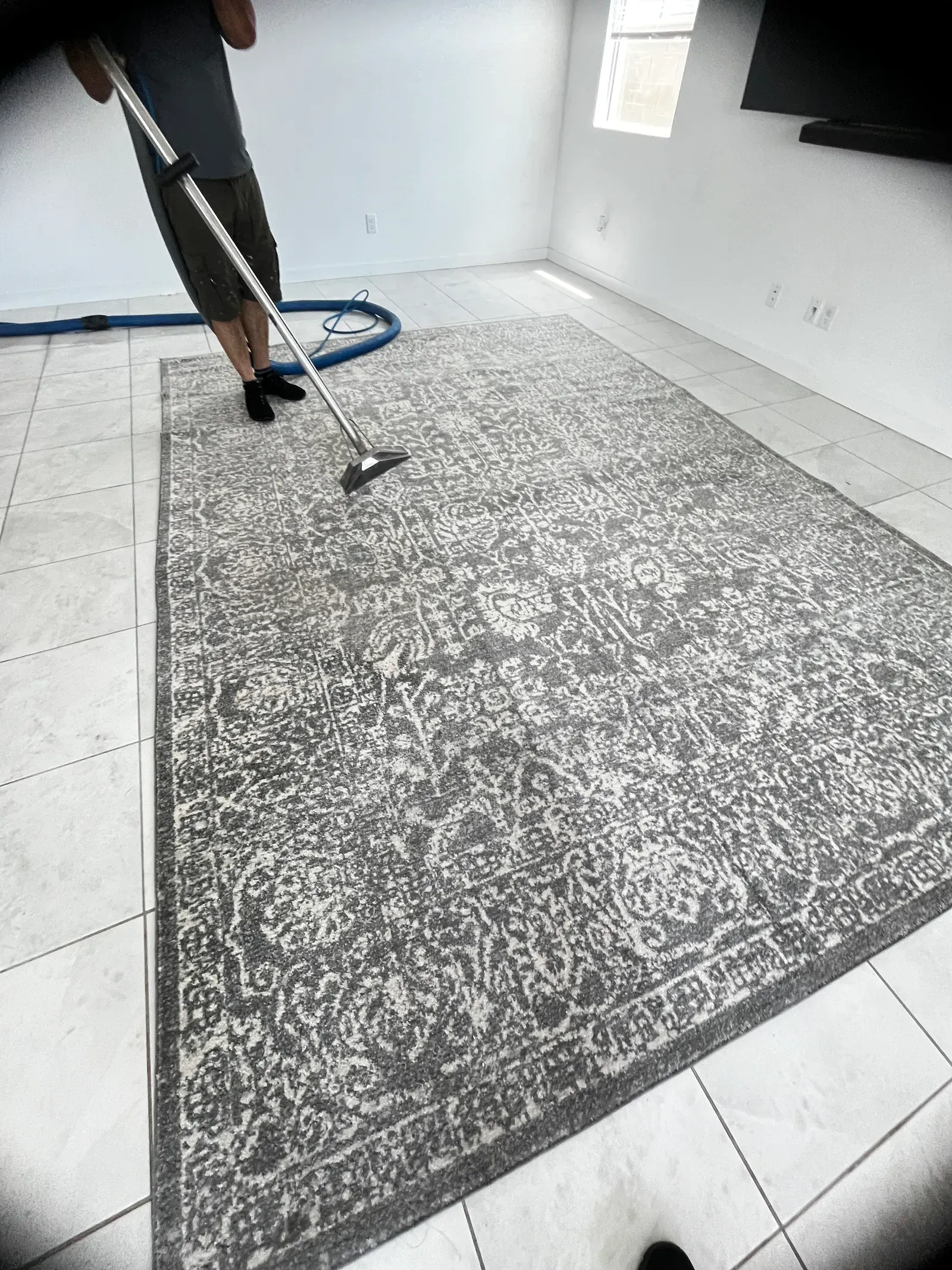 Technician steam cleaning a large gray patterned area rug with an extraction wand in a Las Vegas home