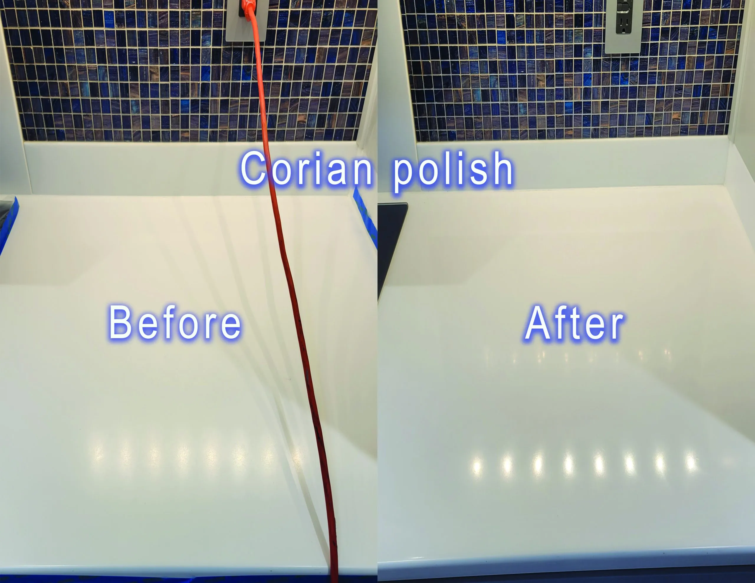 Before-and-after Corian countertop polishing in a Las Vegas kitchen with a blue mosaic backsplash