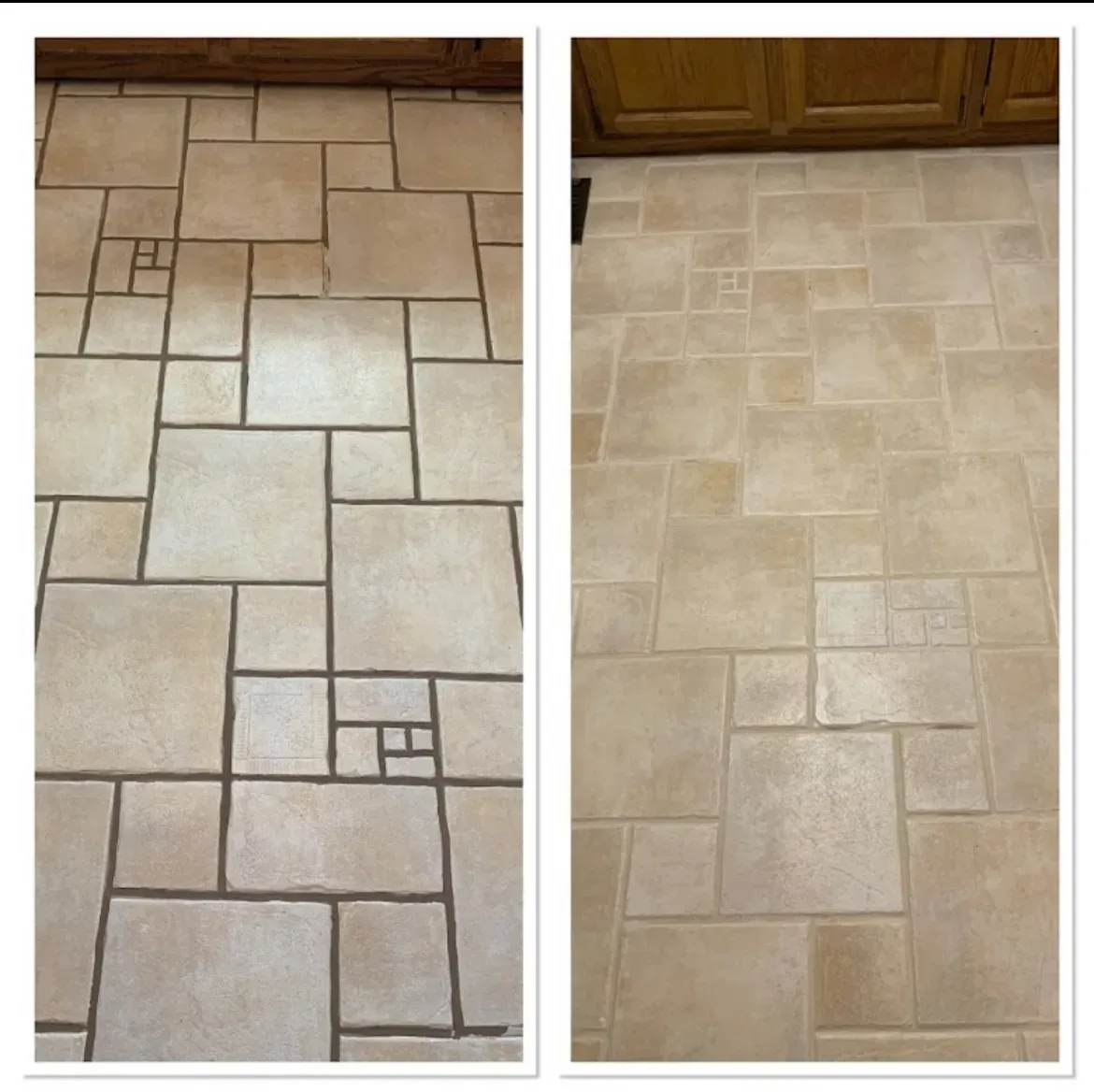 Before and after grout color sealing on a beige modular travertine-look tile kitchen floor in Las Vegas