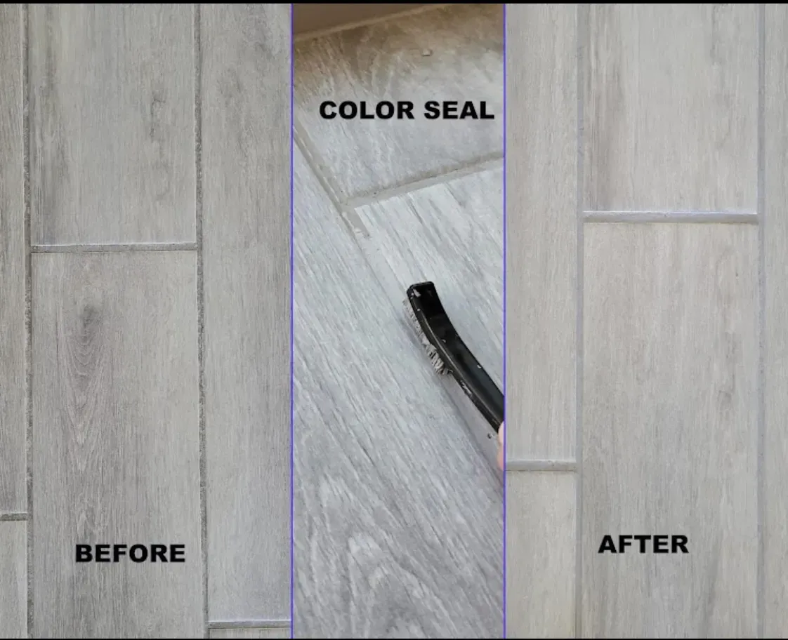 Before and after grout color sealing on gray wood-look plank tile, with the color seal step shown in the middle