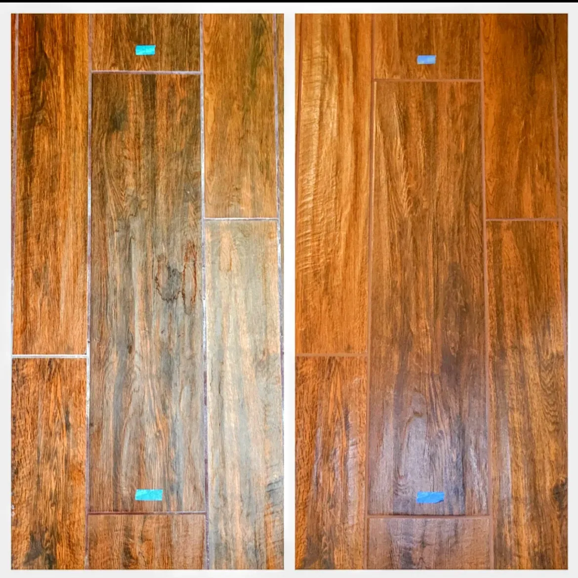 Before and after grout color sealing on brown wood-look plank tile flooring in a Las Vegas home