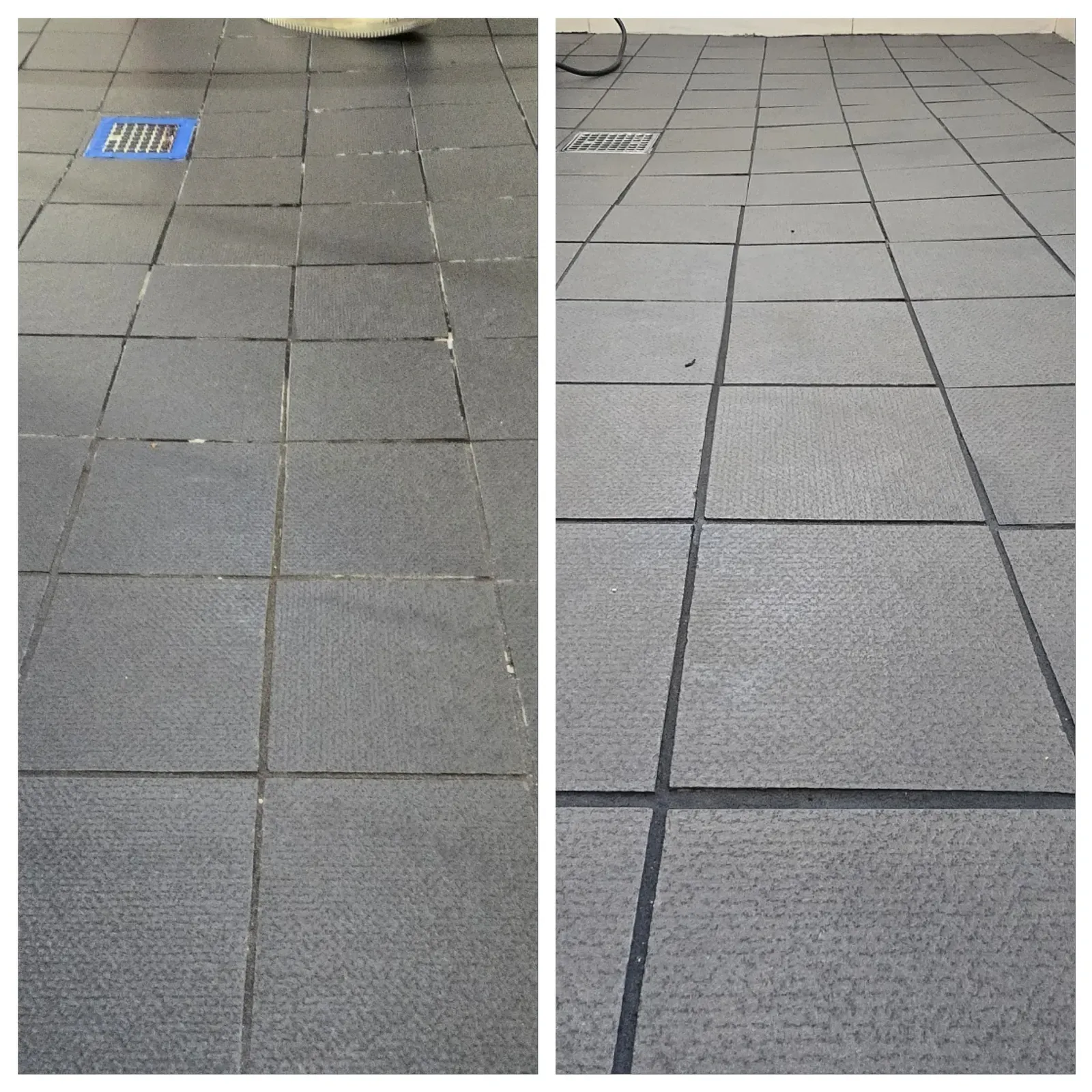 Before and after grout color sealing on a gray commercial quarry tile floor in Las Vegas