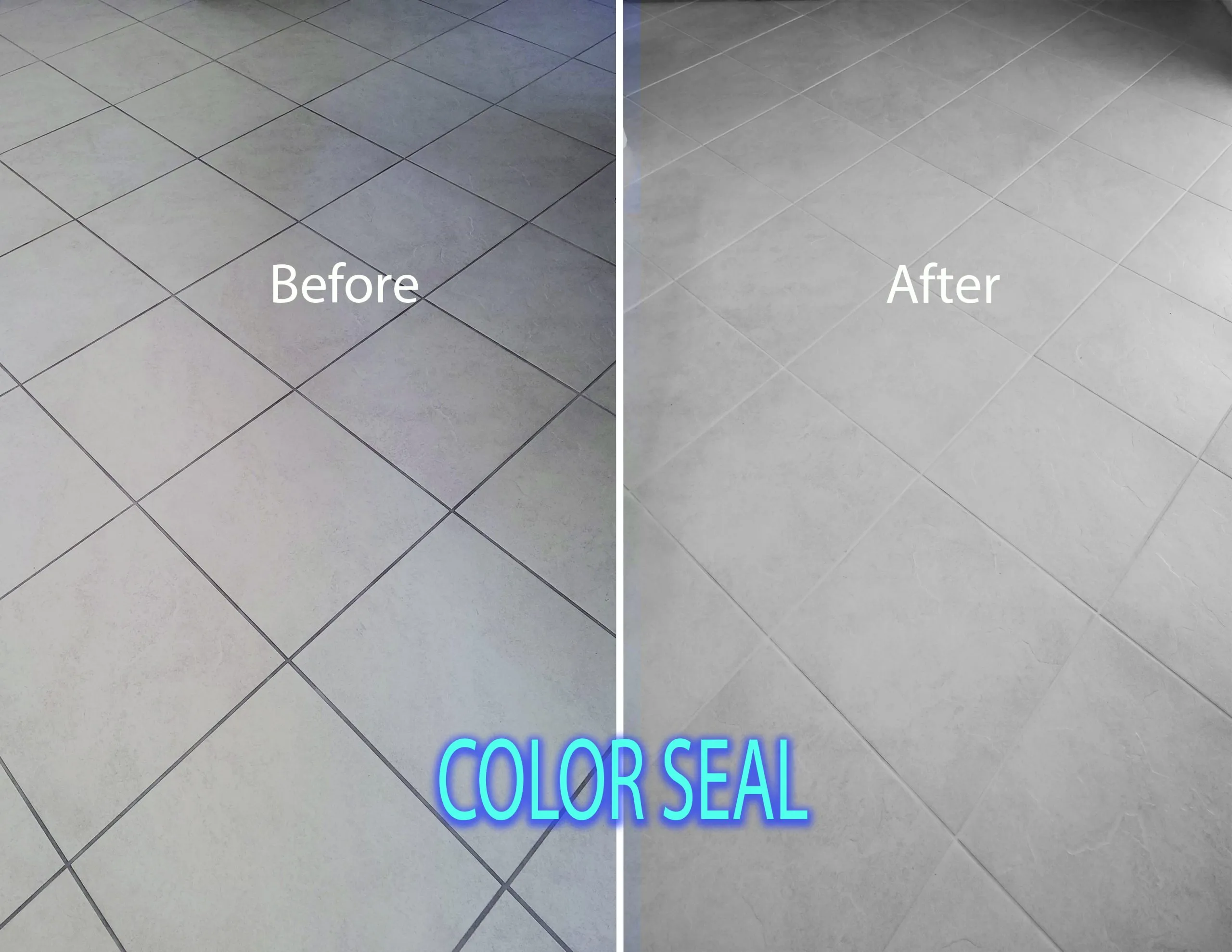 Before-and-after grout color sealing on a gray square tile kitchen floor in Las Vegas