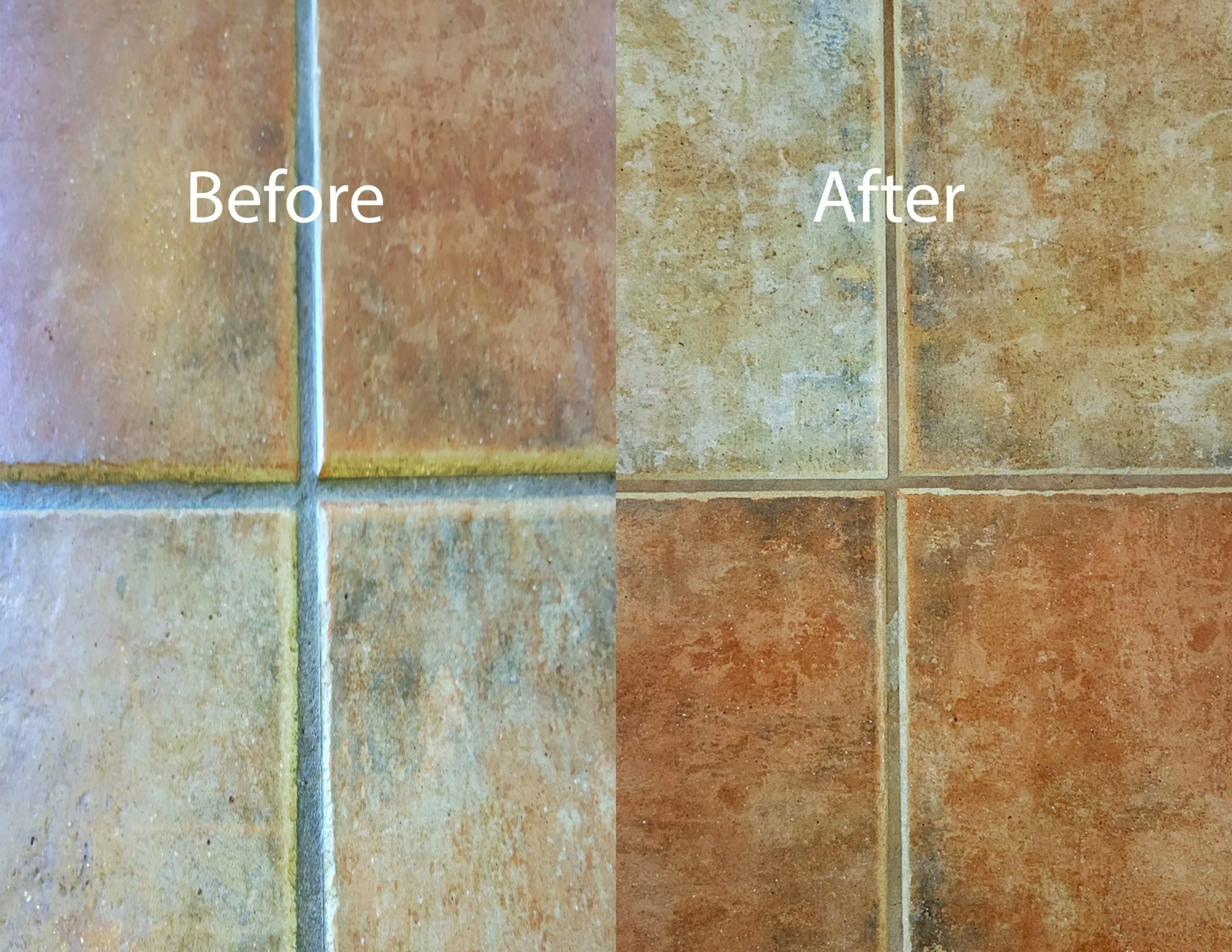 Before-and-after grout color sealing on a terracotta tile floor in a Las Vegas home