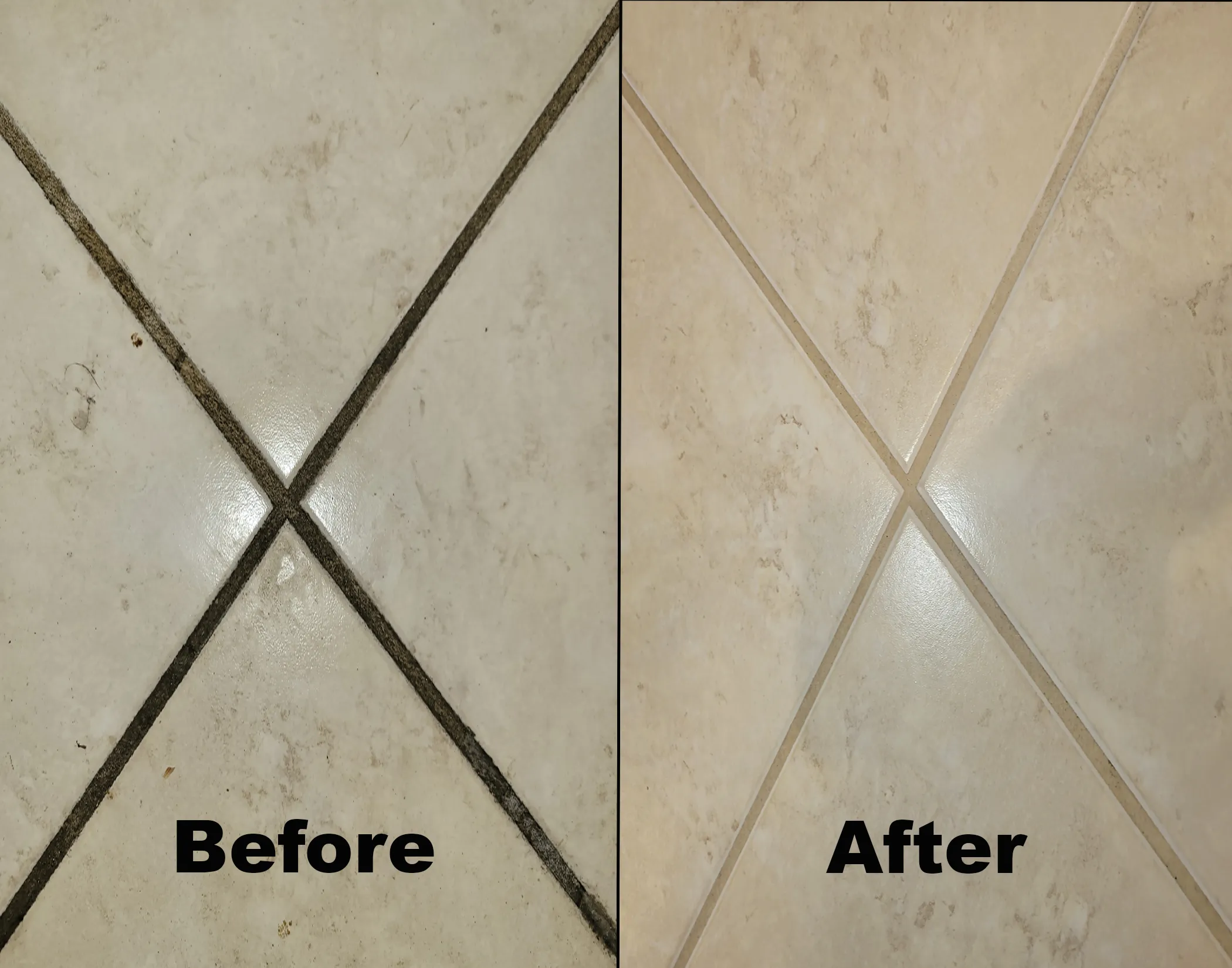 Extreme close-up of grout deep cleaning, blackened grout restored to bright white in a Las Vegas home