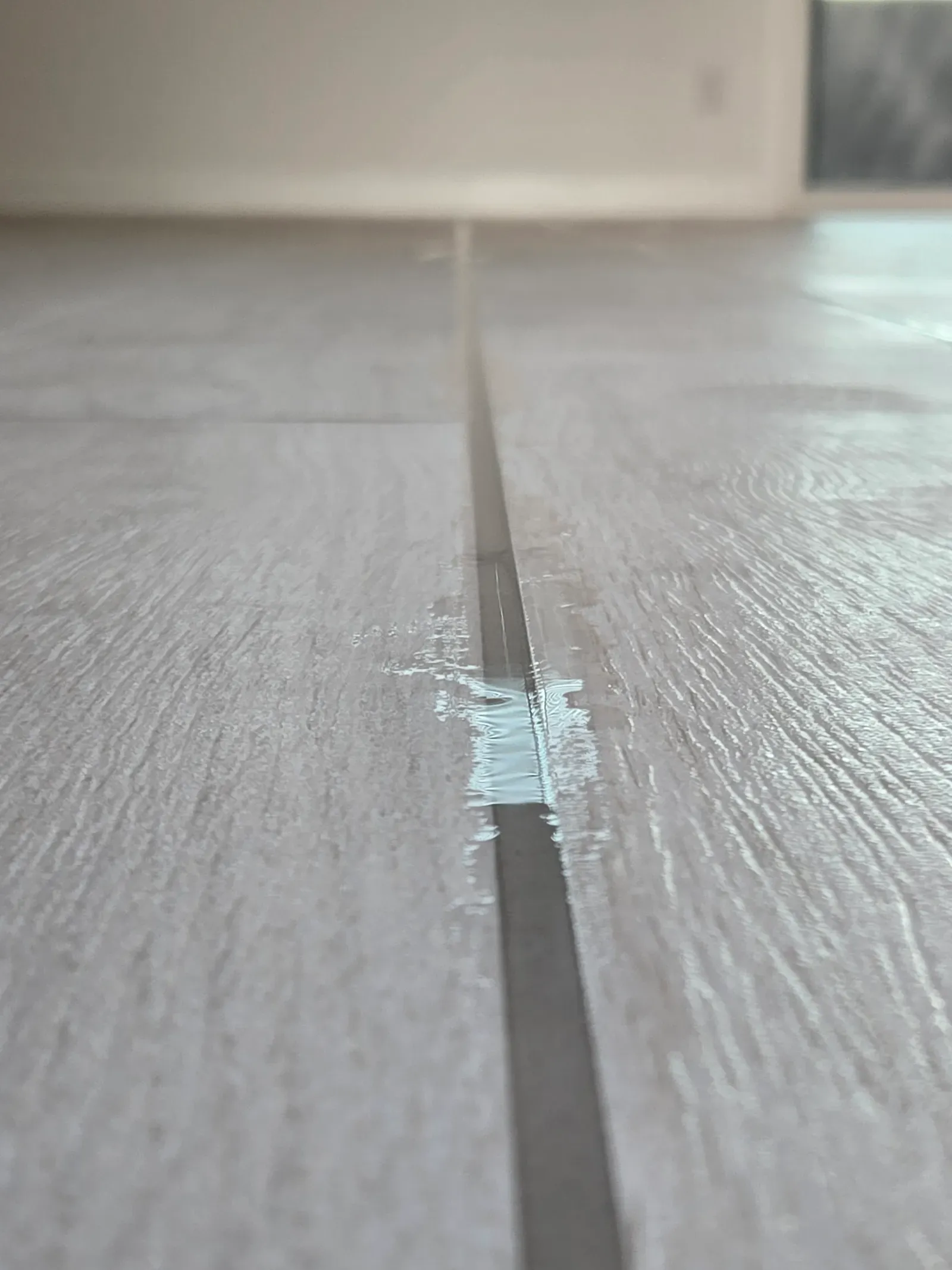 Close-up of clear grout sealer applied along a wood-look plank tile grout line in a Las Vegas home