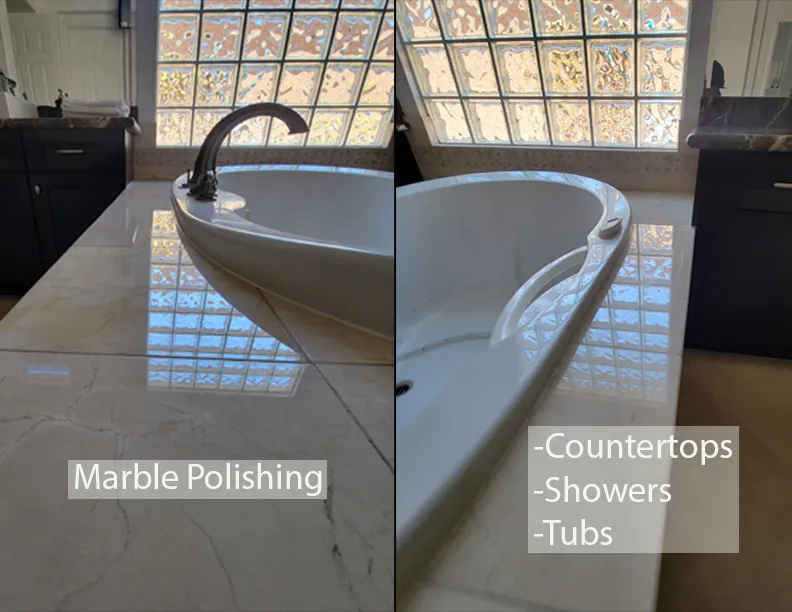Marble polishing across bathroom countertops, showers, and tubs in a Las Vegas home