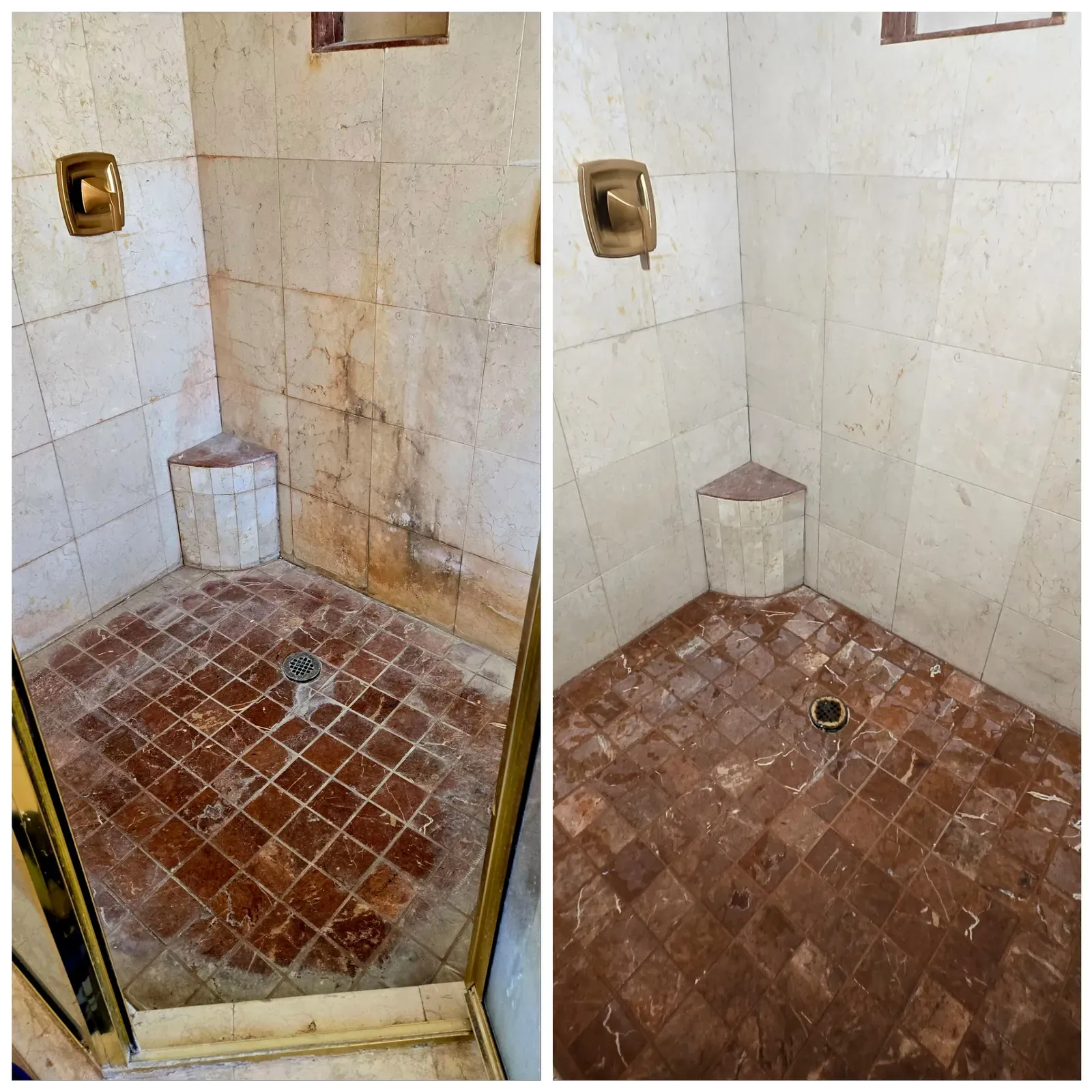 Before and after shower rejuvenation on a cream marble shower with a red stone tile floor in Las Vegas