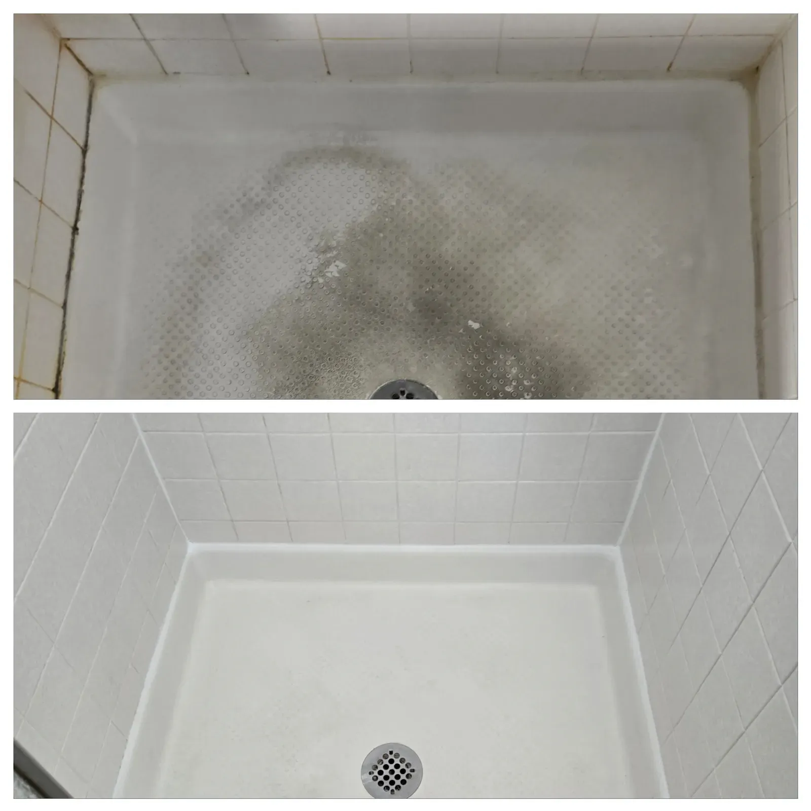 Before and after shower rejuvenation removing buildup from a white shower pan and tile in Las Vegas