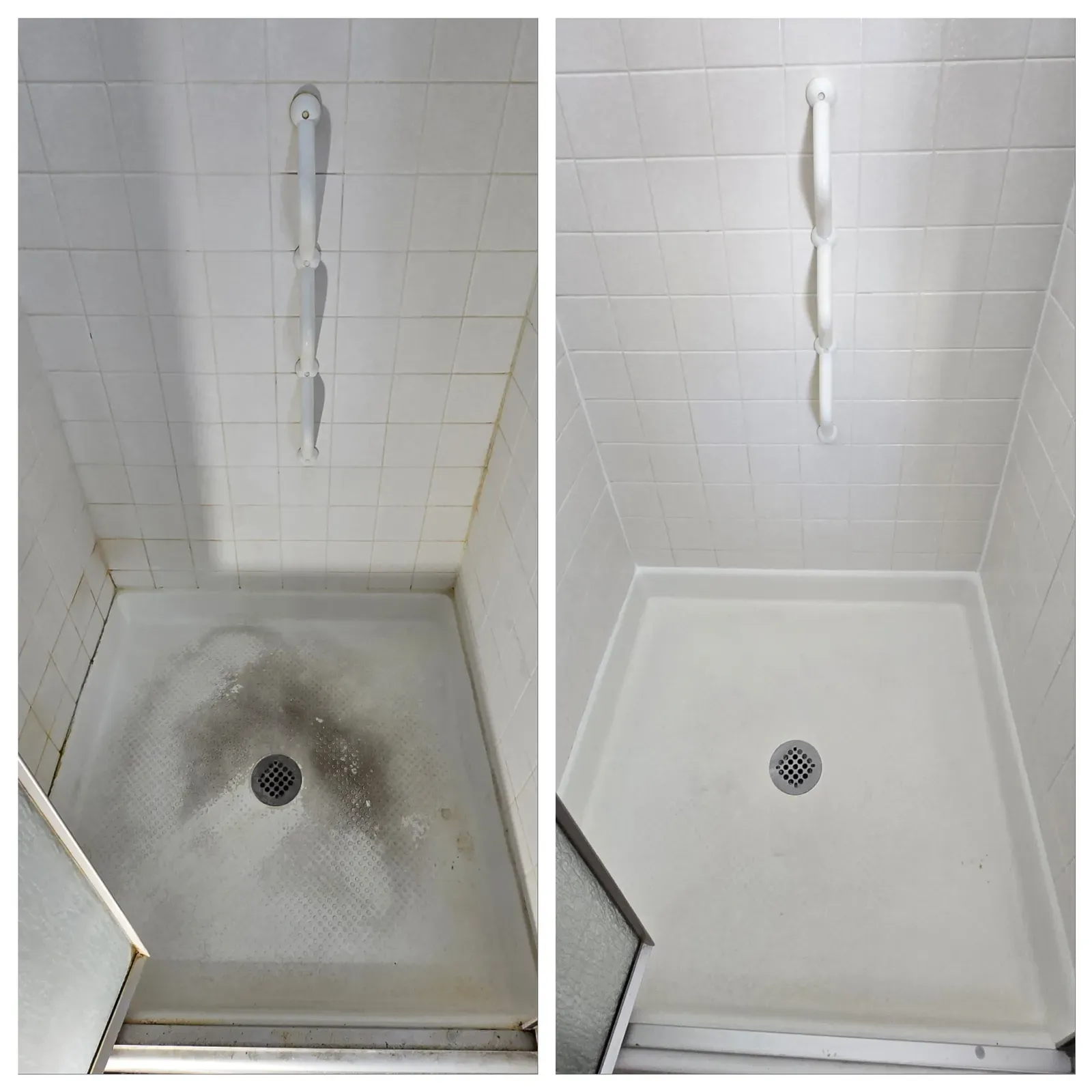 Before and after shower rejuvenation on a white tiled shower stall with a grab bar in Las Vegas