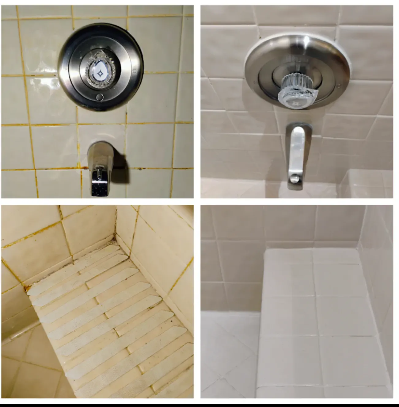 Before and after shower rejuvenation on shower fixtures, grout, and a tiled seat in a Las Vegas bathroom