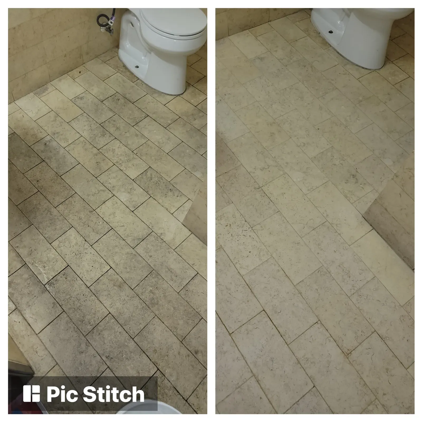 Before and after stone cleaning on a travertine bathroom floor in a Las Vegas home