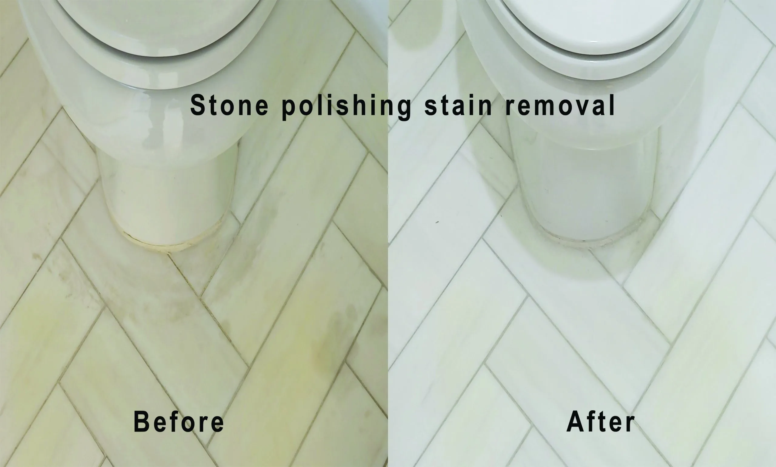Before-and-after stone polishing and stain removal on a herringbone marble bathroom floor in Las Vegas