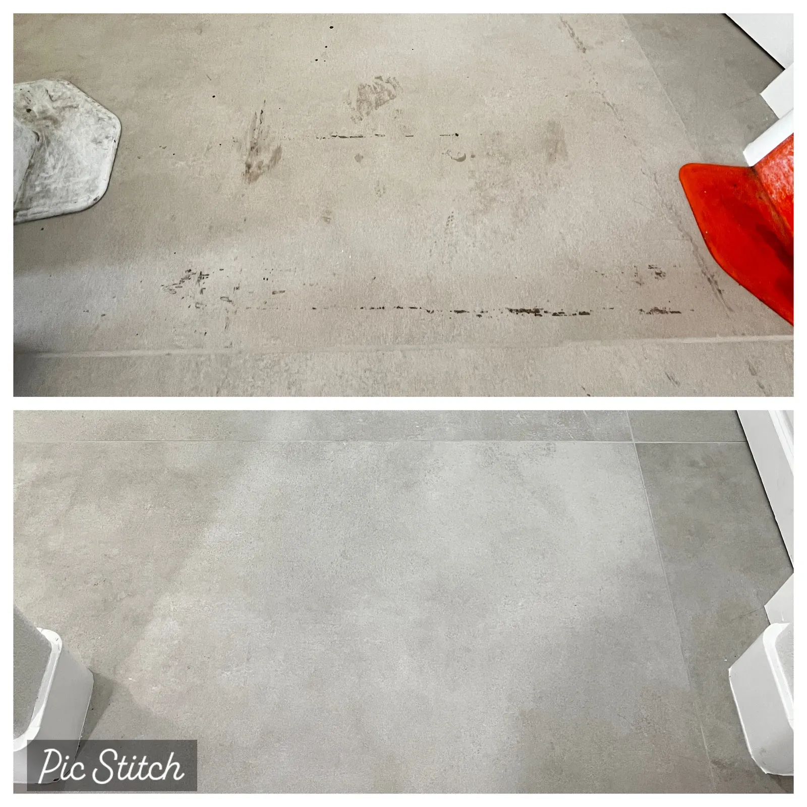 Before and after tile and grout cleaning on a large-format gray tile floor in Las Vegas