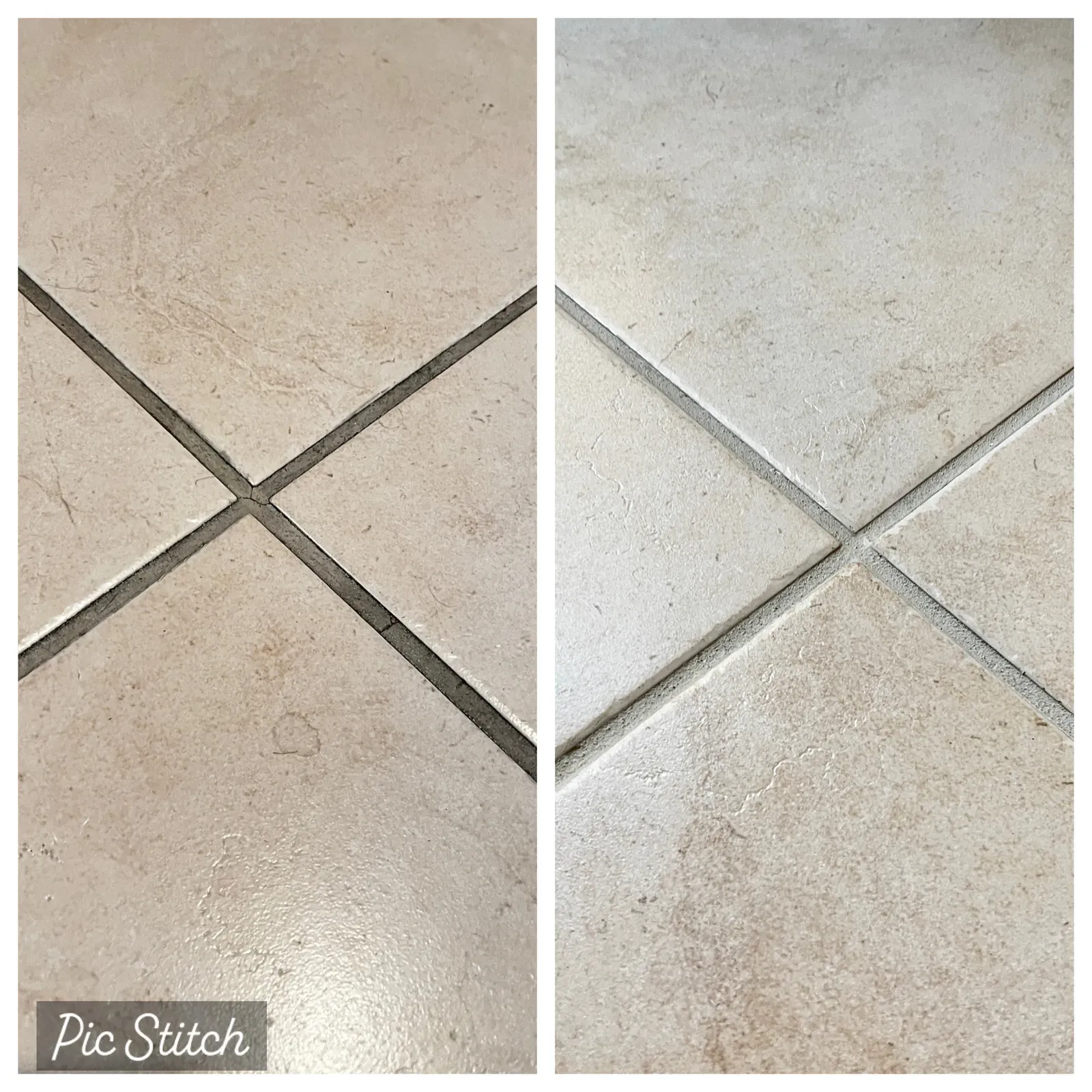 Before and after close-up of grout cleaning on a cream tile floor in a Las Vegas home