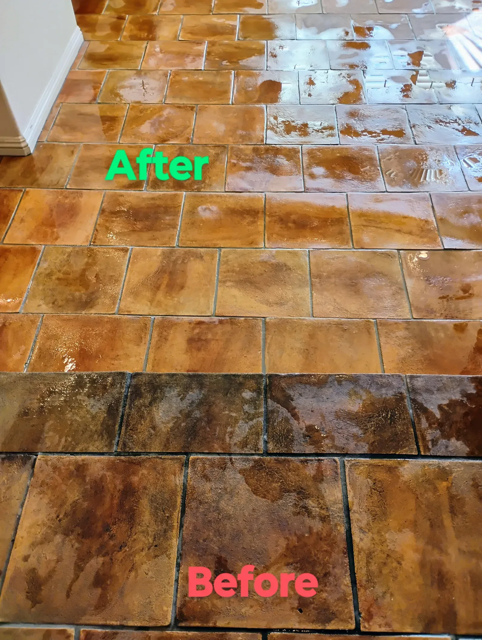 Before and after cleaning a glossy terracotta Saltillo tile floor in a Las Vegas home