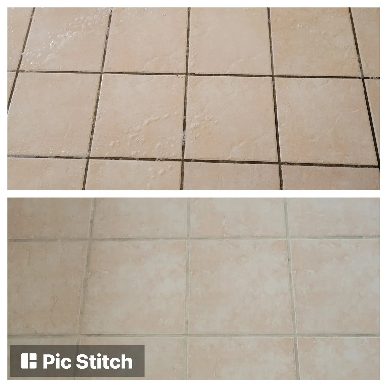Before and after grout cleaning on a beige square tile floor in a Las Vegas home