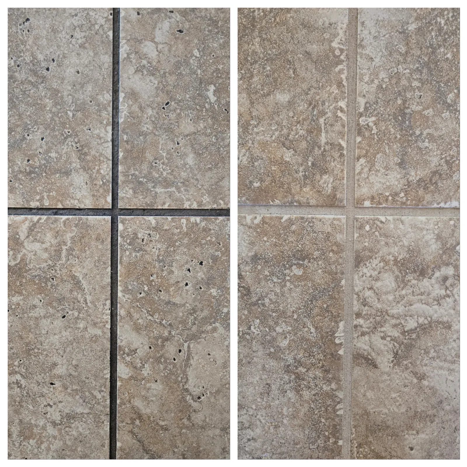 Before and after grout cleaning on a travertine-look tile floor in a Las Vegas home