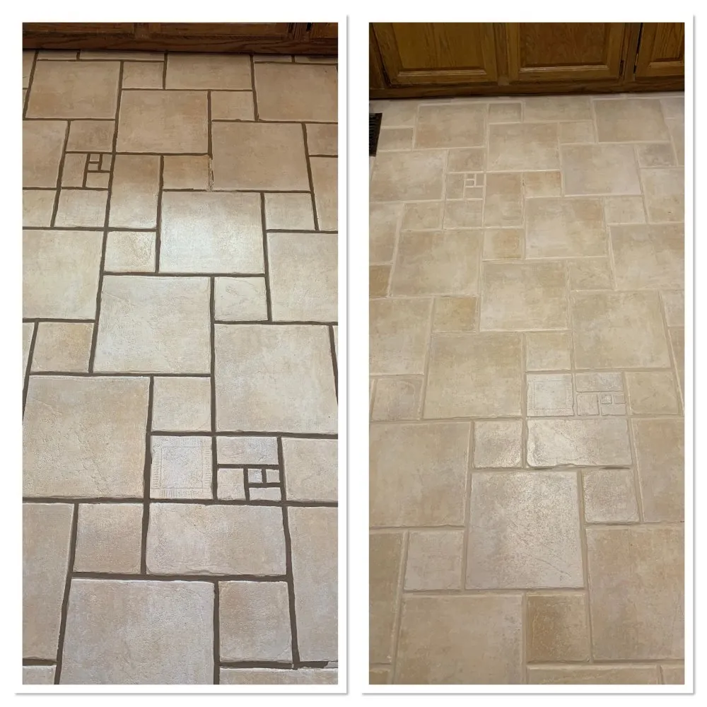 Before-and-after tile and grout cleaning on a beige patchwork kitchen floor in Las Vegas