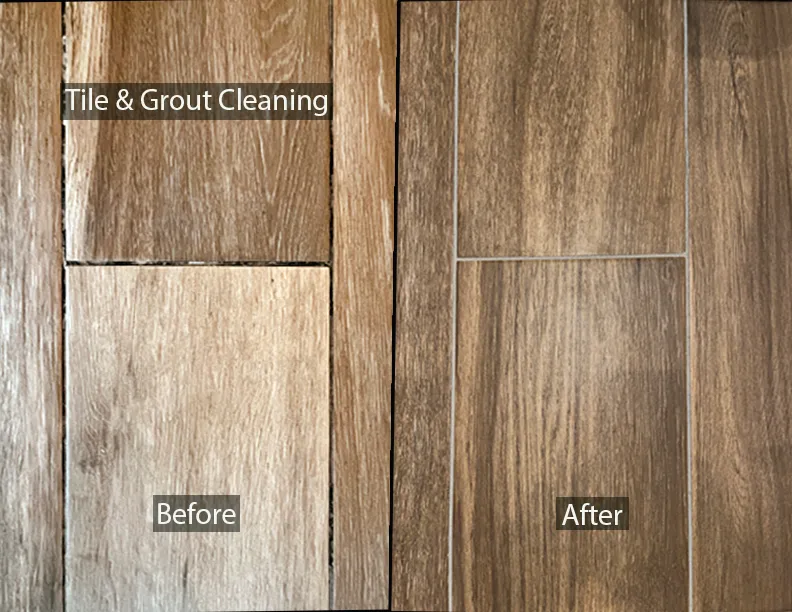 Before-and-after tile and grout cleaning on wood-look porcelain plank flooring in a Las Vegas living room