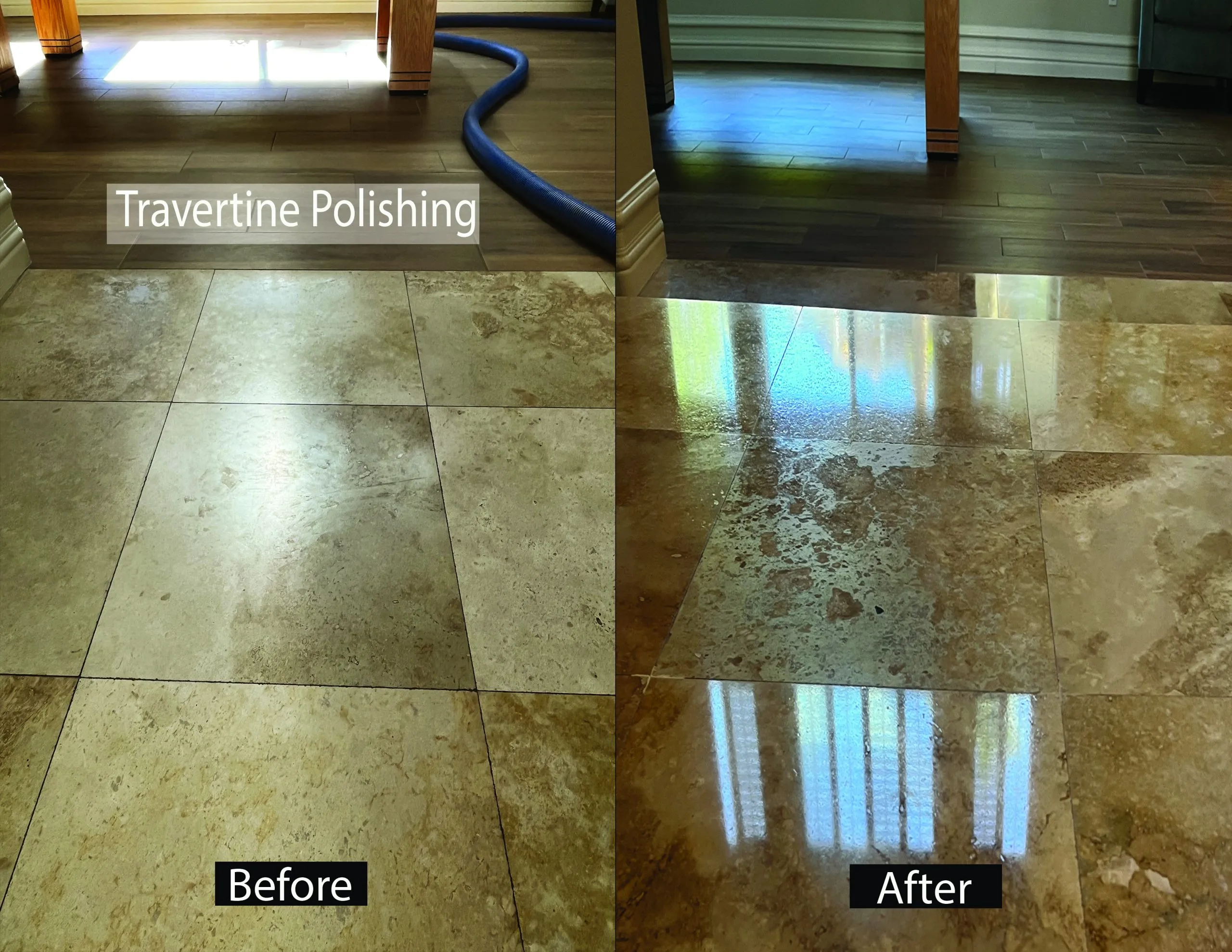 Before-and-after travertine polishing showing a dull floor restored to a mirror finish in a Las Vegas living room